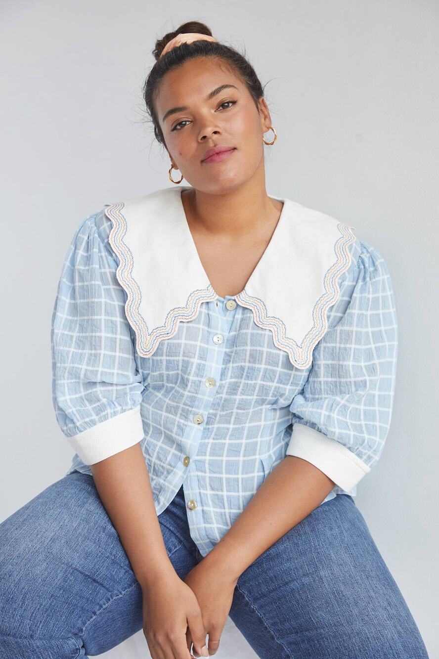 NWT Plenty by Tracy Reese Embroidered Plaid Blouse blue & white size 2X